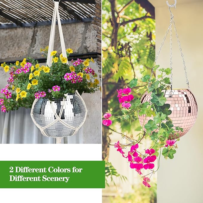 Disco Ball Planter, 1pcs 9” Silver Disco Ball Planter, Disco Ball Plant Hanger with Hanging Rope, Hanging Chain, Hook, Circle and Extra Mirror Pieces