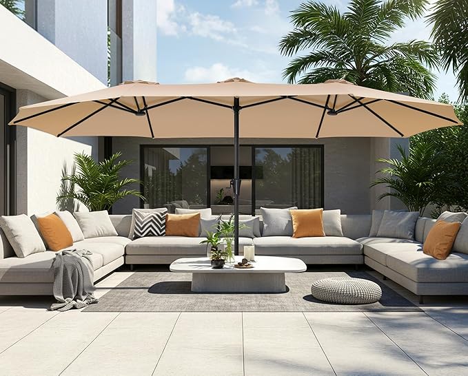 SUPERJARE 15FT Outdoor Umbrella for Patio, Double sided Pool Umbrellas with Fade Resistant Canopy, Large Table Umbrella for Deck, Market, Backyard - Beige