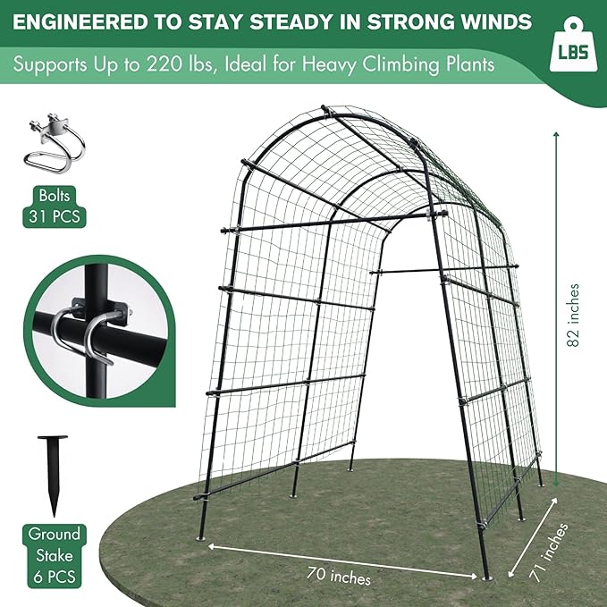 7ft Garden Arch Trellis for Climbing Plants Outdoor-Heavy Duty Metal Cucumber Trellis for Raised Beds- Tall Steel Vegetable Arbor with Strong Bolt Assembly & Outdoor-Ready Stakes