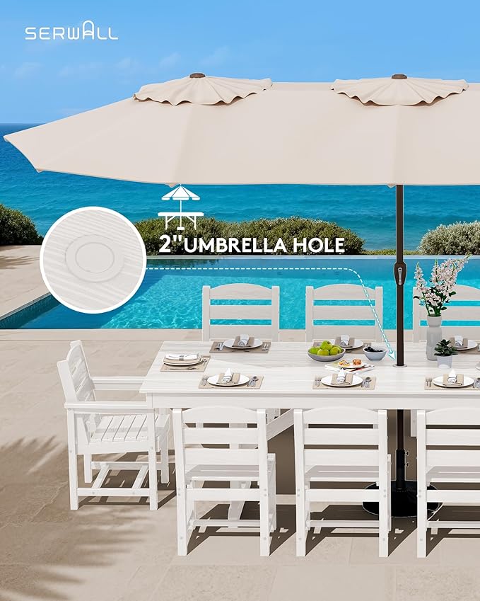 SERWALL 11 Piece Outdoor Dining Set, 84" HDPE Outdoor Table and Chairs for 10，All Weather Patio Furniture Set with Umbrella Hole for Backyard, Garden, White