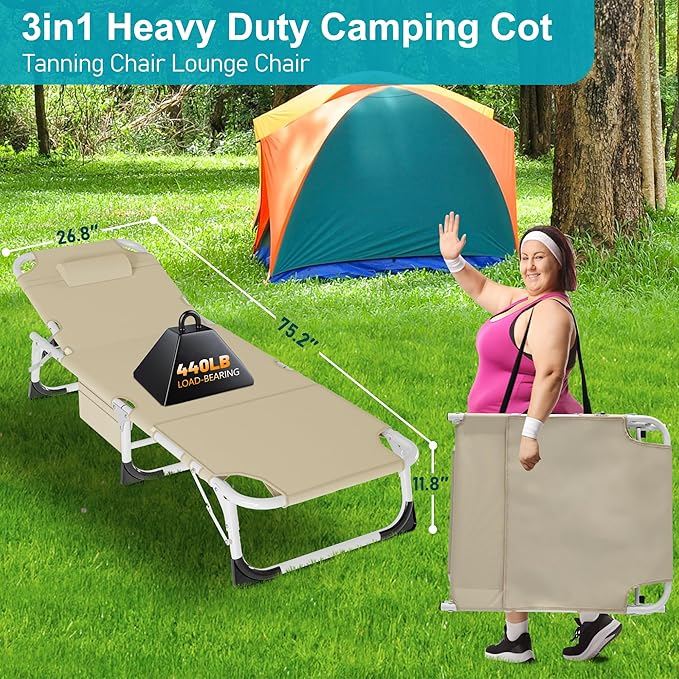 ABORON Oversized Folding Sun Tanning Chair, 3 in 1 5-Position Adjustable Outdoor Heavy Duty Chaise Lounge Chairs, with Face & Arm Holes, Mattress, Pillow, for Beach Pool Lawn Yard Patio