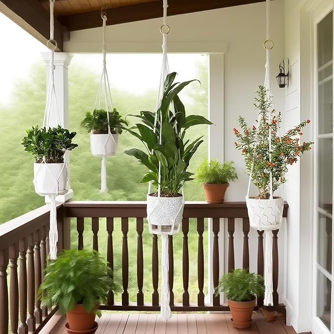 3 Pack Macrame Plant Hanger Indoor, 35 41 47 Inch Handmade Boho Hanging Planter Basket with Screw Hooks S-Hooks and Extension Rope for Indoor Plants Home Decor (POTS NOT Included) (White)