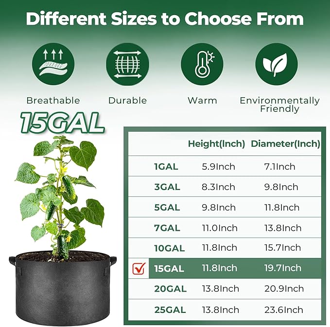 T4U Fabric Plant Grow Bags with Handle 15 Gallon Pack of 5, Heavy Duty Nonwoven Smart Garden Pot Thickened Aeration Nursery Container Black for Outdoor Potato, Tomato, Chili, Carrot and Vegetables