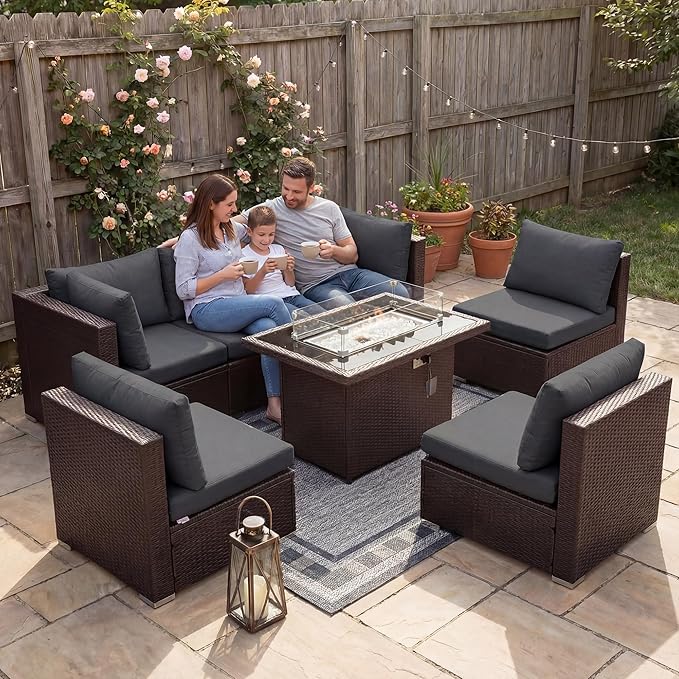 NICESOUL 7 Piece Large Size Outdoor Patio Furniture Set with Fire Pit, 29.3'' High Back Deep Seat Sectional Conversation Sets, Heavy Duty Modern Backyard Sitting, Brown Rattan and Dark Grey Cushion
