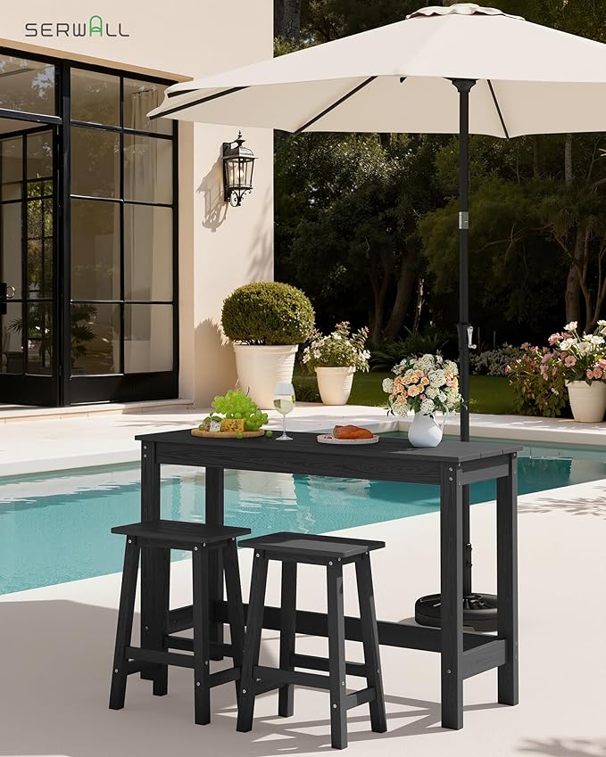 SERWALL 3-Piece Outdoor Bar Set, Rectangular All Weather HDPE Bar Height Patio Set, Outdoor High Top Table and Stools for for Outside, Poolside, Backyard, Garden, Black