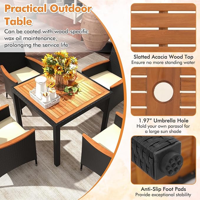Tangkula 5 Pieces Rattan Outdoor Dining Set for 4, Outdoor Acacia Wood Table Set with 4 Cushioned Wicker Chairs, Umbrella Hole, Patio Dining Furniture Set for Deck Pool Backyard