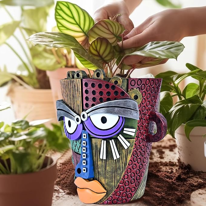 Abstract Face Planter Pots for Plants,Hand-Painted Colorful Flower Pots with Drainage, Indoor Outdoor Garden Decor Gift(Classic,Large)