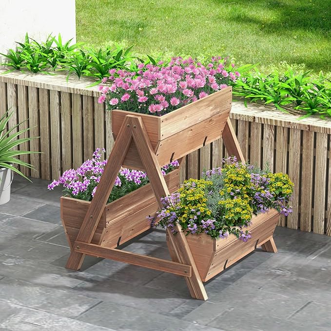 Giantex Vertical Raised Garden Bed, 3 Wood Planter Boxes for Flower Vegetable Fruit Herb, Freestanding Garden Planter with Drain Holes, Elevated Raised Beds for Indoor Outdoor Lawn Patio Yard, Brown