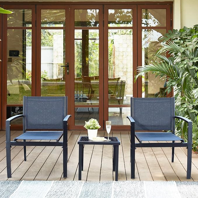 Homall 3 Pieces Patio Furniture Set Outdoor Patio Conversation Textilene Bistro Set Modern Porch Lawn Chairs with Coffee Table for Home and Balcony (Black)