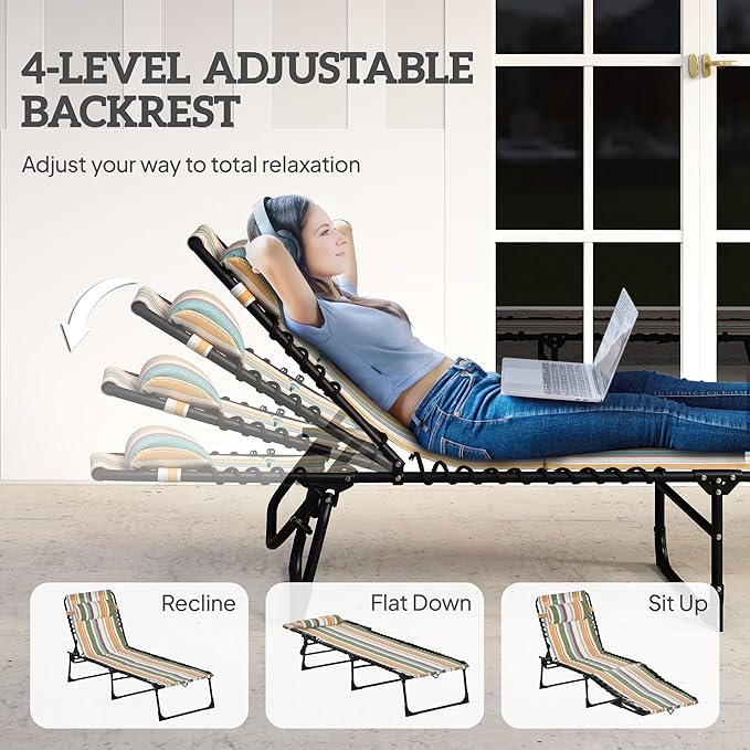 Outsunny Folding Chaise Lounge Chair, Patio Sun Tanning Chair, Outdoor Chaise Lounger with 4-Position Reclining Back, Breathable Mesh Seat for Beach, Poolside, Yard, Rainbow Striped