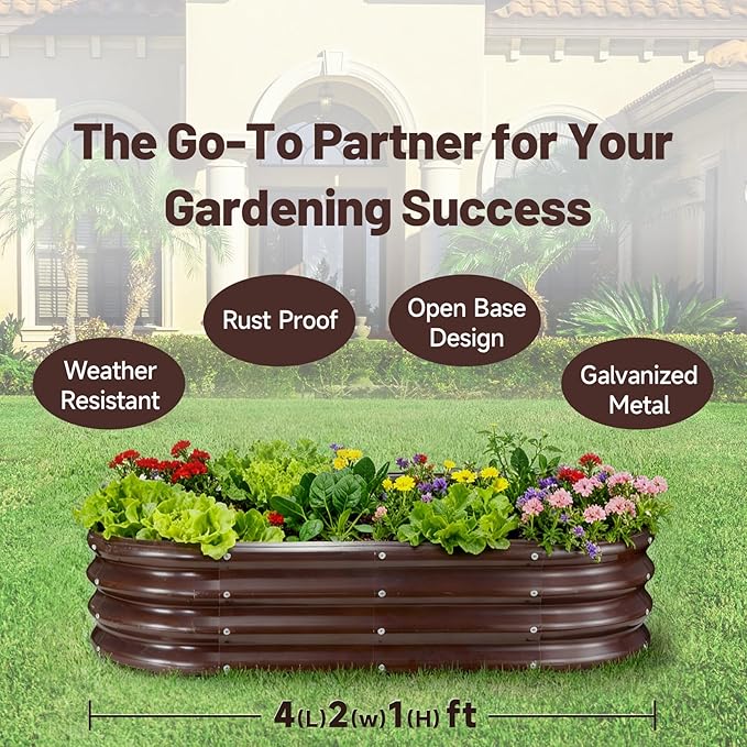 GOOZOO Galvanized Planter Raised Garden Bed, 4x2x1ft Raised Garden Bed Kit for Gardening Outdoor, Oval Metal Land Planter Box for Vegetables, Fruits, Flowers（Brown）