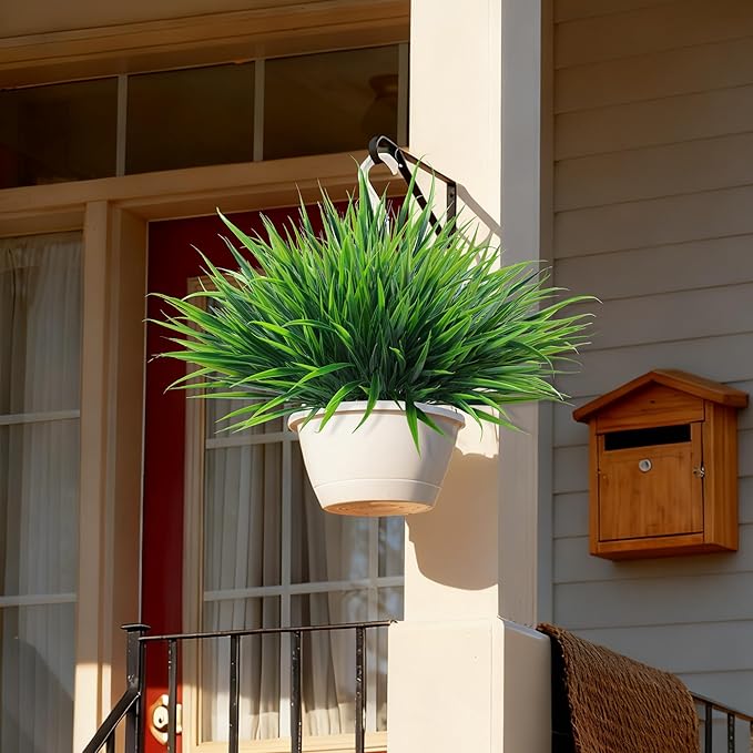 12Pcs Artificial Plants Outdoor Fake Plastic Grass Spring Decoration UV Resistant Faux Greenery Stems Bushes Outside Fake Plants for Planters Patio Porch Window Box Pathway Garden Home Decor, Green