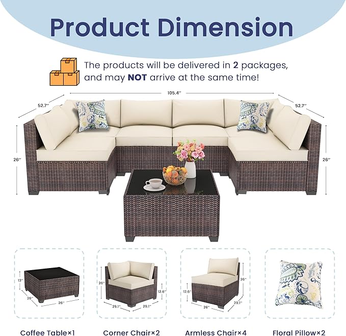 Outdoor Patio Furniture Set with 28'' Fire Pit Table, 8 Pcs Outdoor Patio Furniture Conversation Sets with 4in Thicken Cushion, Wicker Outdoor Sectional for Backyard, Garden, Balcony,Deck, Brown/Beige