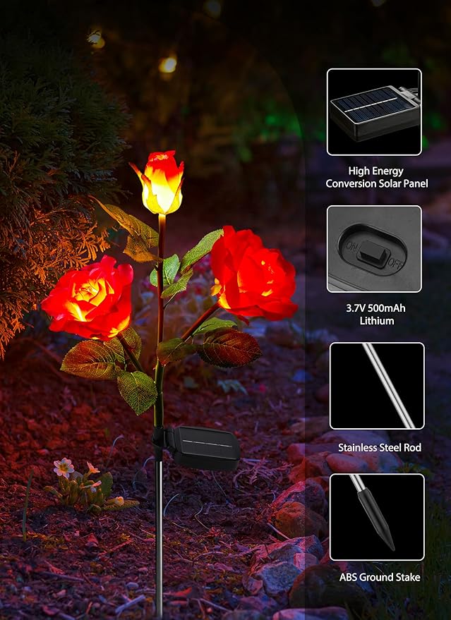 Brightown Outdoor Solar Garden Lights - 4 Pack LED Flower Lights with Realistic Rose, Bigger Solar Panel, Waterproof for Yard & Patio Decorations
