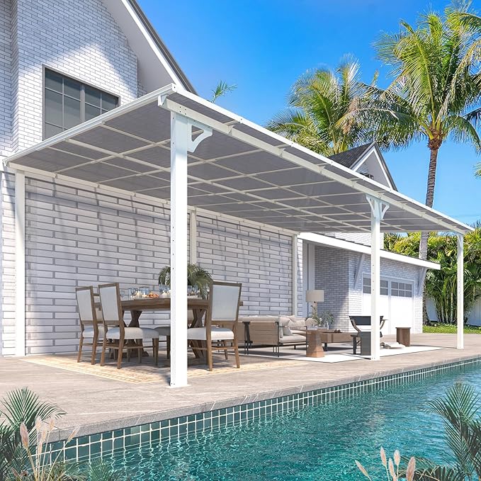 AECOJOY 20' x 12' White Gazebo Pergola, 12x20 Large Wall Mounted Lean to Pergolas and Gazebos on Clearance with Patio Roof, Outdoor Patio Metal Awnings for Decks, Porch, Backyard