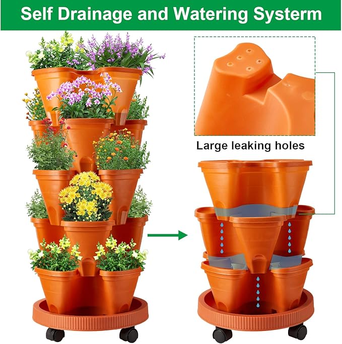 Umigy 2 Set 5 Tier Stackable Planters Vertical Garden Planters for Strawberry Herb Flower and Vegetable Indoor Outdoor Gardening Pots with Removable Wheels and Bottom(Terracotta)