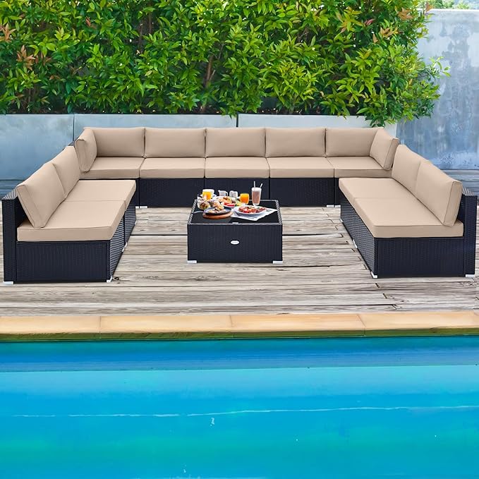 Tangkula 10 Pieces Patio Sofa Set, Outdoor Wicker Conversation Set with Soft Cushions, Tempered Glass Tabletop, Sofa Fastener Clips Included, Rattan Furniture Set for Backyard, Poolside (Beige)