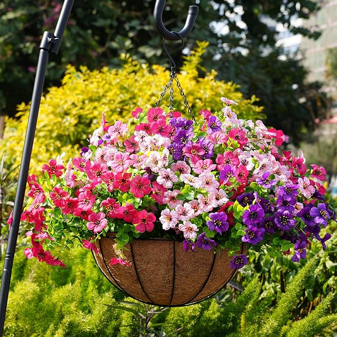 Artificial Flowers for Outdoor, UV Resistant Fake Silk Flowers, Realistic Faux Plants for Outside Indoor Porch Patio Window Box Planter Home Decor (20, Yellow Purple Rosy Pink Red)