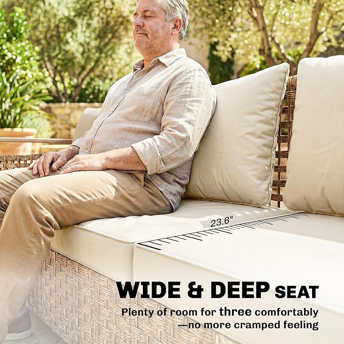 Outsunny Outdoor Patio Couch with Wide and Deep Seat, 3 Seater Wicker Outdoor Sofa with Wide Metal Armrests, Patio Furniture Couch with Cushions for Porch, Garden, Backyard, Beige | Removable Covers