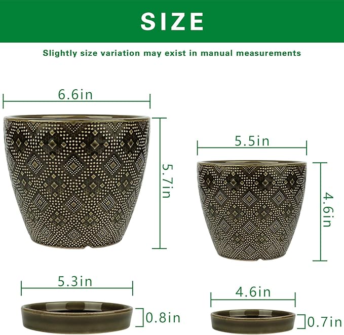 Docrin Dark Green Ceramic Planter Set - 6.6"+5.5" Indoor Outdoor Pots with Drainage Holes & Saucers for Home Office Decor