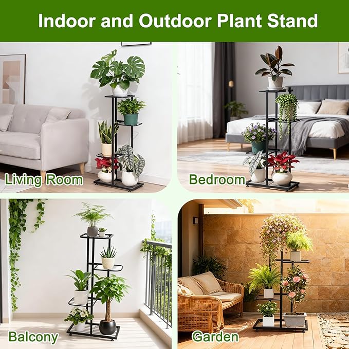 Plant Stand Indoor Outdoor, Corner Metal Plant Stands, Heavy Duty Tall Planter Shelf for Multiple Plants, Flower Pot Holder for Patio Garden Balcony Living Room (Black, 4 Tier-5 Potted)