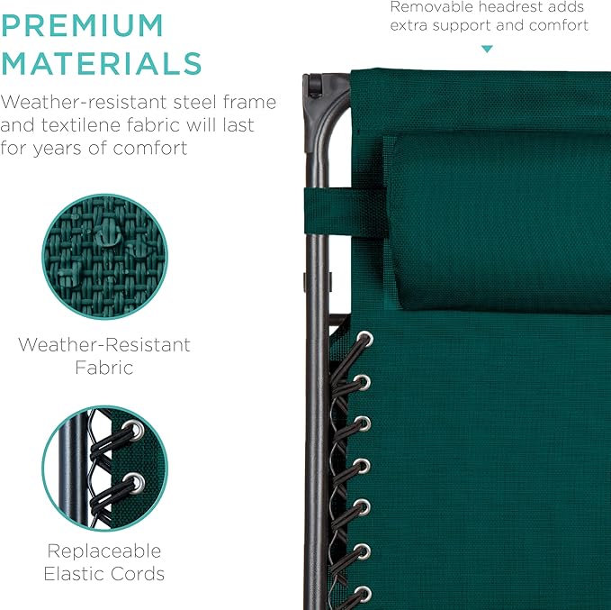 Best Choice Products Folding Zero Gravity Outdoor Recliner Patio Lounge Chair w/Adjustable Canopy Shade, Headrest, Side Accessory Tray, Textilene Mesh - Forest Green