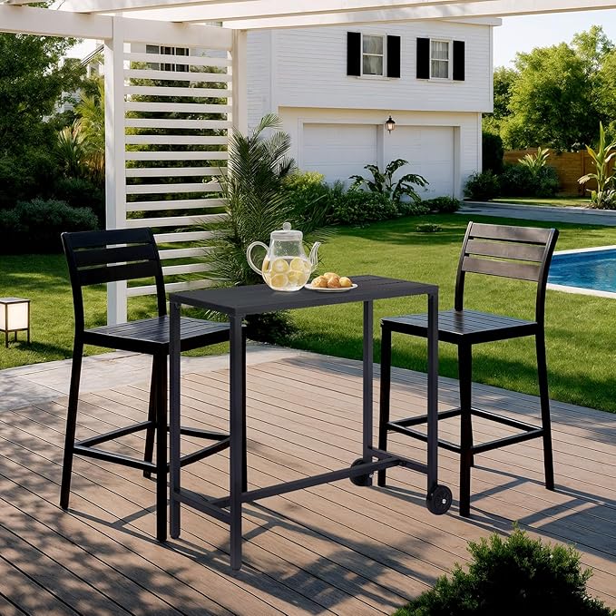 Outvita Outdoor Bar Table, 37" Height Wheeled Patio Pub Table with Waterproof Frame and Adjustable Foot for Hot Tub, Patio, Backyard, Balcony, Hallway, Bistro Rectangle, Black
