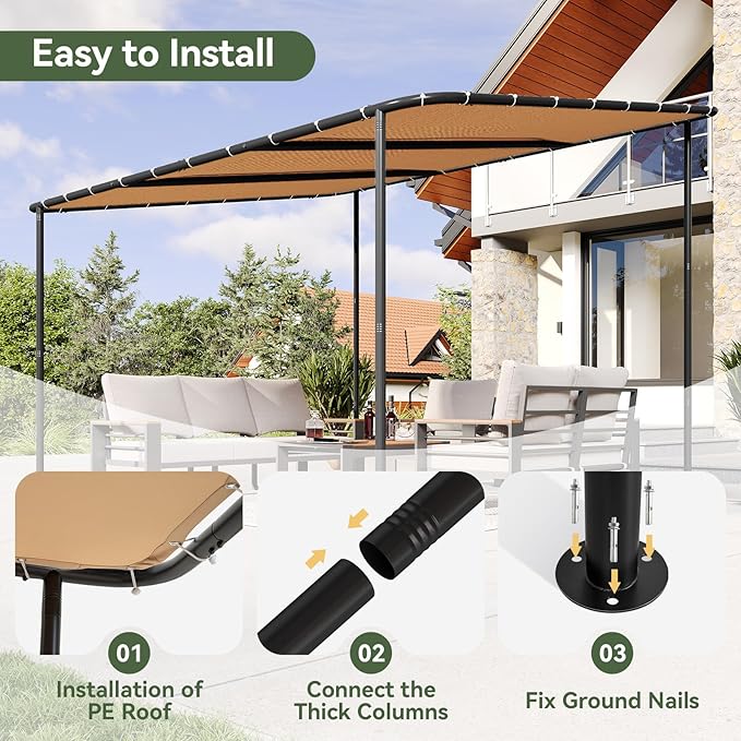Aoxun 10x12 Lean to Gazebo Outdoor Pergola with Water Resistant & UV-Resistant, Wall-Mounted Canopy Sloped Roof Awning for Patio Backyard, Deck, or Garden Khaki