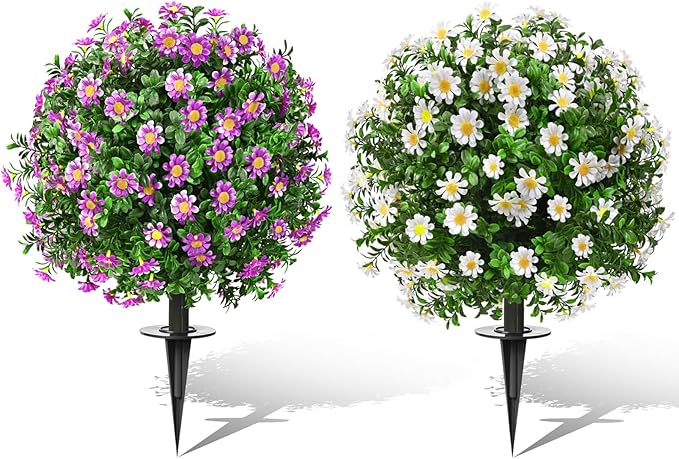 Artificial Topiary Bushes for Outdoors with Spike, Boxwood Ball Fake Shrubs UV Resistant Faux Plants for Indoor Outdoor Fall Thanksgiving Halloween Decor (Sunflower Boxwood Colorful -2 Packs)