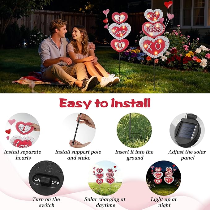 Lewondr 2 Pcs Valentine's Day Decorations Outdoor, Metal Solar Pathway Lights, Love Heart Decorative Garden Stakes Lights with 18 LED Beads, Waterproof Yard Signs for Porch Lawn Wedding Anniversary