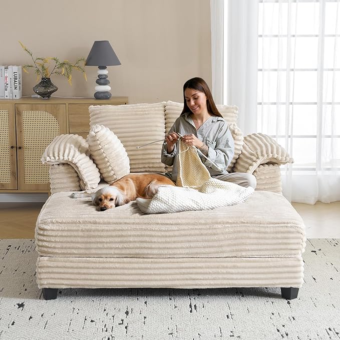 VINGLI 56" Oversized Chaise Lounge Chair, Beige Comfy Corduroy Chaise Sofa Recliner Bed Upholstered Sleeper Couch Bed with Throw Pillows and Armrests for Living Room, Movie Room, Bedroom