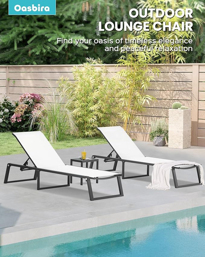 Aluminum Chaise Lounge Chair Outdoor, Foldable & Assembly Free Patio Pool Lounge Chairs 5-Position Recliner for Outside Poolside, Fully Grounded Legs Sun Lounger for Beach, Yard, Bright White