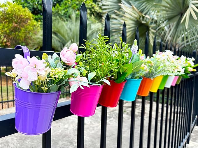 10 Pcs Fence Planters, 4" Metal Hanging Pots Plant Holder with Detachable Hook & Drainage, Railing Planter Flower Pot for Indoor Outdoor Balcony Patio Garden