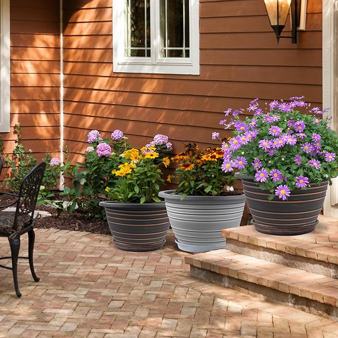 Large-Planter-Indoor-Outdoor Plant Pots, 12 inch 3 Pack Plastic Flower Pots with Saucer and Drainage Holes, Retro Antique Imitation Decorative Garden Containers Sets for Houseplant