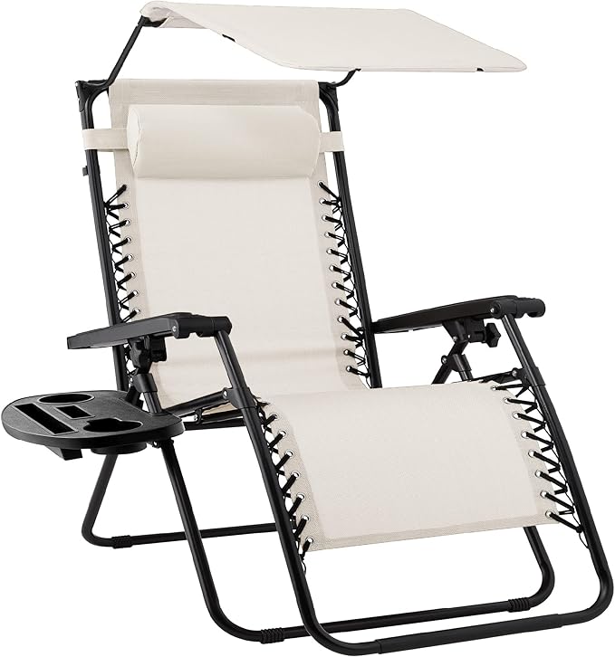 Best Choice Products Folding Zero Gravity Outdoor Recliner Patio Lounge Chair w/Adjustable Canopy Shade, Headrest, Side Accessory Tray, Textilene Mesh - Ivory