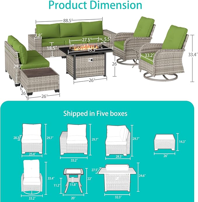 10-Piece Outdoor Patio Furniture Set with Rocking Swivel Chair, PE Wicker Rattan Sectional Sofa Patio Conversation Set with 55,000 BTU Fire Pit Table & Coffee Table, Avocado Green