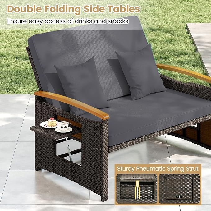 Tangkula Patio Rattan Daybed with 4-Level Adjustable Backrest, Outdoor Wicker Loveseat with Acacia Wood Armrest, Storage Ottoman & Folding Tray, Double Sunbed for Lawn Yard & Poolside, Grey & Brown