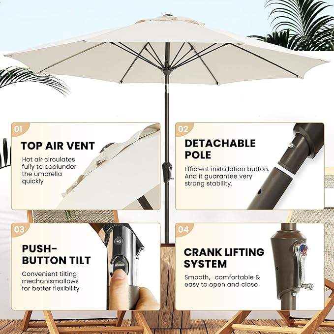 Ayge 9FT Large Outdoor Patio Umbrella Market Table Umbrella-UV Resistant, Easy Push Button Tilt and Crank, 8 Sturdy Fiberglass Ribs Heavy-Duty Pool Umbrella for Deck, Backyard,Garden,White