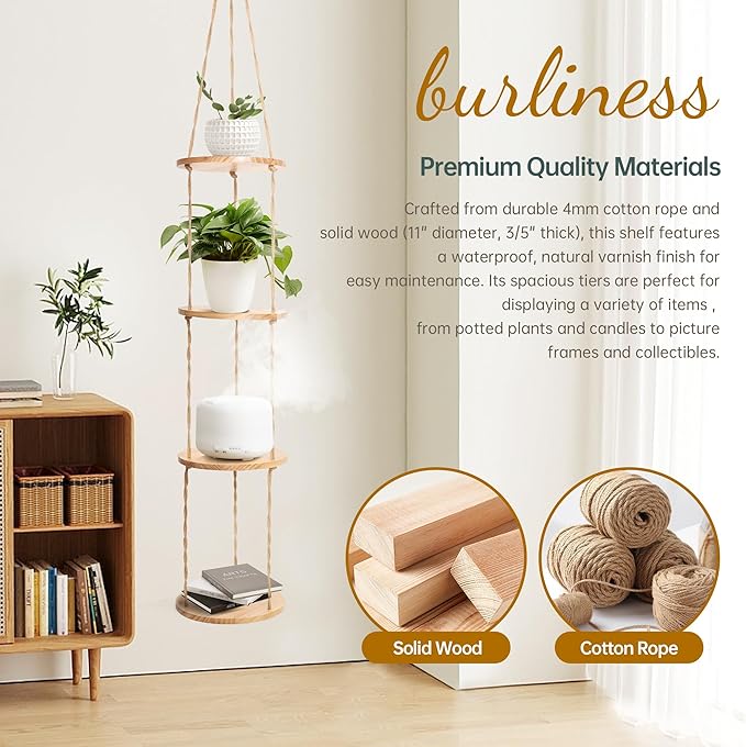 Hemp Rope Hanging Plant Shelf from Ceiling for Narrow Space Boho Hanging Plant Shelves, Natural Pine Wooden Plant Stand Display for Indoor, Outdoor, Corner, Balcony, Living Room and Bedroom