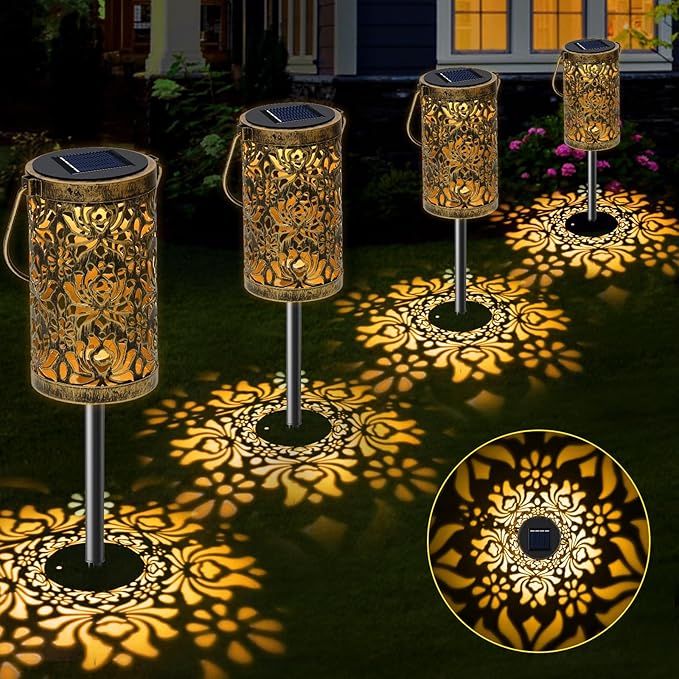 4 Pack Solar Pathway Lights Lights Outdoor, LED Solar Lantern Bright Metal Retro Waterproof, Outside Decorative Rose Hanging Lanterns Solar Powered for Path Lawn Patio Yard Walkway (Rose, 4 Pack)