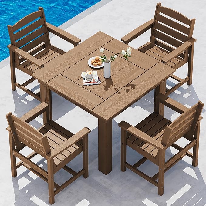 SERWALL Outdoor Dining Set for 4, HDPE Square Table and Chairs Set All Weather Patio Dining Set with 4 Classic Dining Chairs, 5-Piece Patio Dining Furniture for Deck, Brown