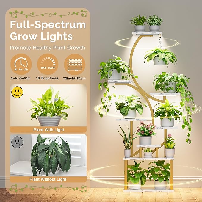 Plant Stand Indoor with Grow Lights - 62" Tall Plant Shelf, Lighted Corner Plant Stands for Indoor Growing, 8 Tiered Large Flower Holder, S-Shaped Plants Rack for Living Room, Bedroom, Faux Marble