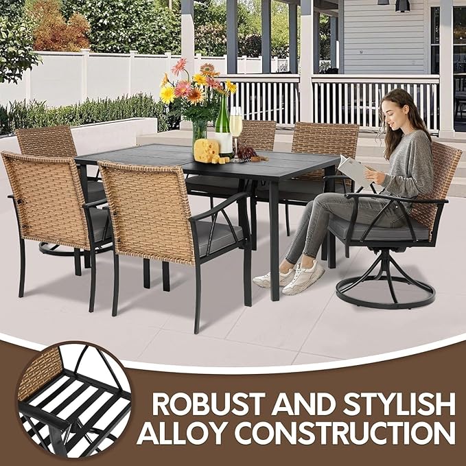7-Piece Patio Dining Set for 6, Outdoor Dining Set with Wicker Swivel Patio Dining Chairs with Cushions & Black Rectangular Woodgrain Dining Table with 1.75”Umbrella Hole, Black & Brown