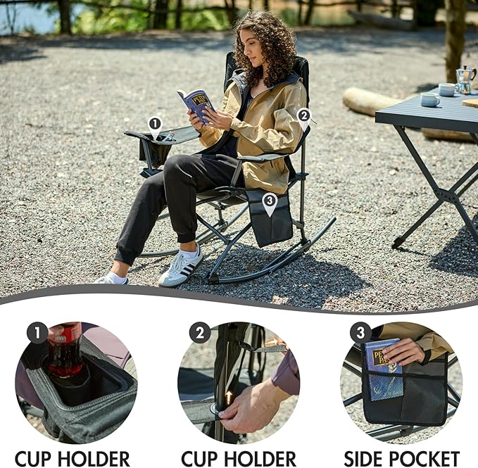 Portal Outdoor Rocking Chair Camping Folding Portable Rocker with Cup Holder Side Pocket Carry Bag, Support 350LBS (Mesh Black)