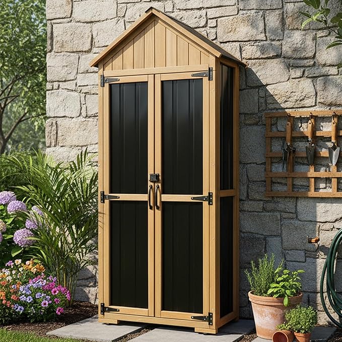 PetsCosset Outdoor Storage Cabinet Waterproof, Outdoor Storage Shed with Shelves, Wood & Metal Patio Backyard Garden Storage Cabinet Tool Organizer for Outside