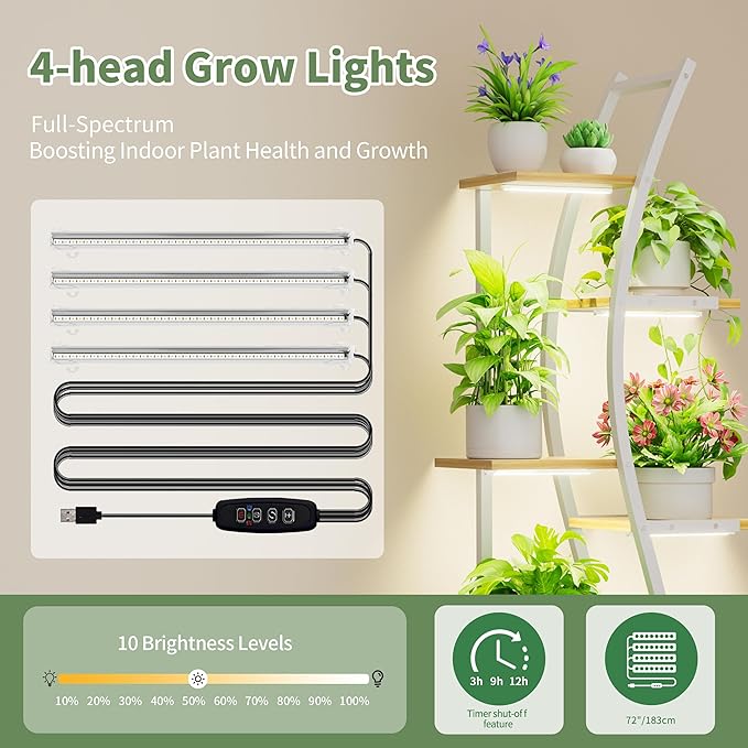 62" Plant Stand Indoor with Grow Lights - 7 Tiered Tall Metal Plant Shelf - Corner Wooden Plant Stand for Indoor Plants Multiple, Large S-Shape Flower Rack Holder for Living Room, Garden, Patio Decor