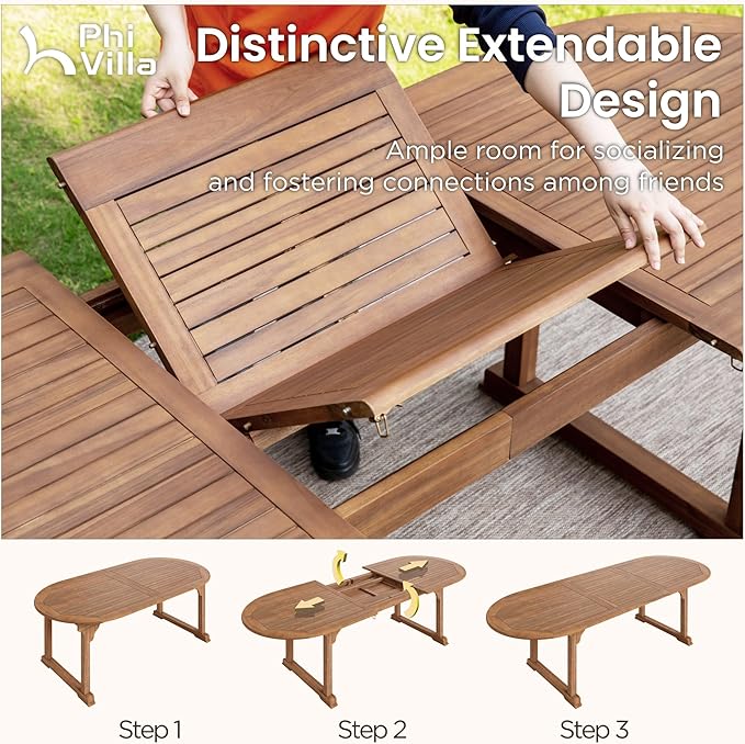 PHI VILLA 7 Pieces Acacia Wood Outdoor Dining Set for 6, Expandable Teak Wooden Table & Chairs, Large Farmhouse Furniture Set for Patio, Deck, Yard, Porch