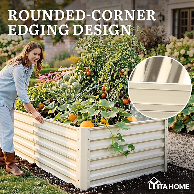 YITAHOME 6x3x2ft 2pcs Large Raised Garden Bed Kit, Galvanized Metal Planter Box with Gloves, Support Rod, Outdoor Above Ground Planters for Plants Vegetables Flowers, Cream Yellow