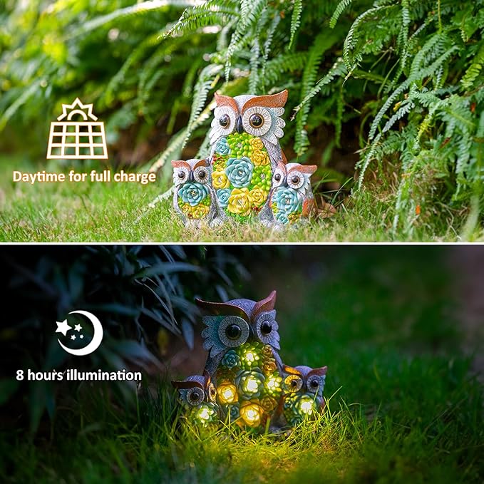 Solar Garden Statue Owl Decor – Cute Owl Family Figurines with LED Succulent Lights, Waterproof Outdoor Yard Art Ornaments for Patio, Lawn, Porch, Housewarming Gifts for Women Mom