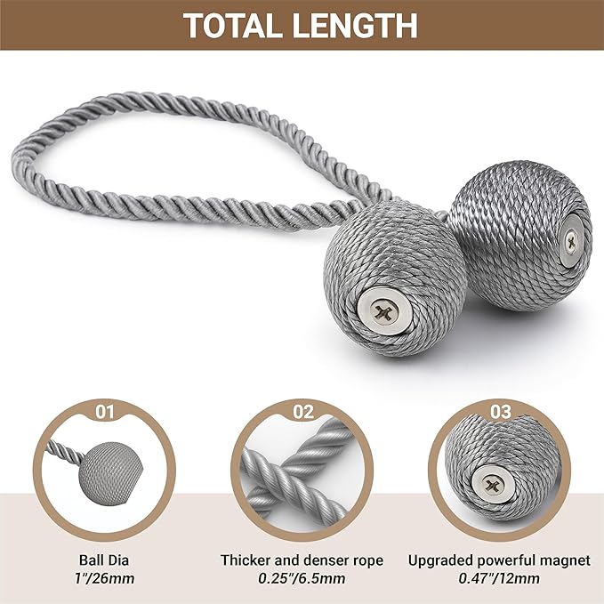 Hion Magnetic Curtain Tiebacks Grey 2pcs, Curtain Tiebacks Buckles Holdbacks Holders Hooks Clip for Home Bedroom Office Decorative Curtain